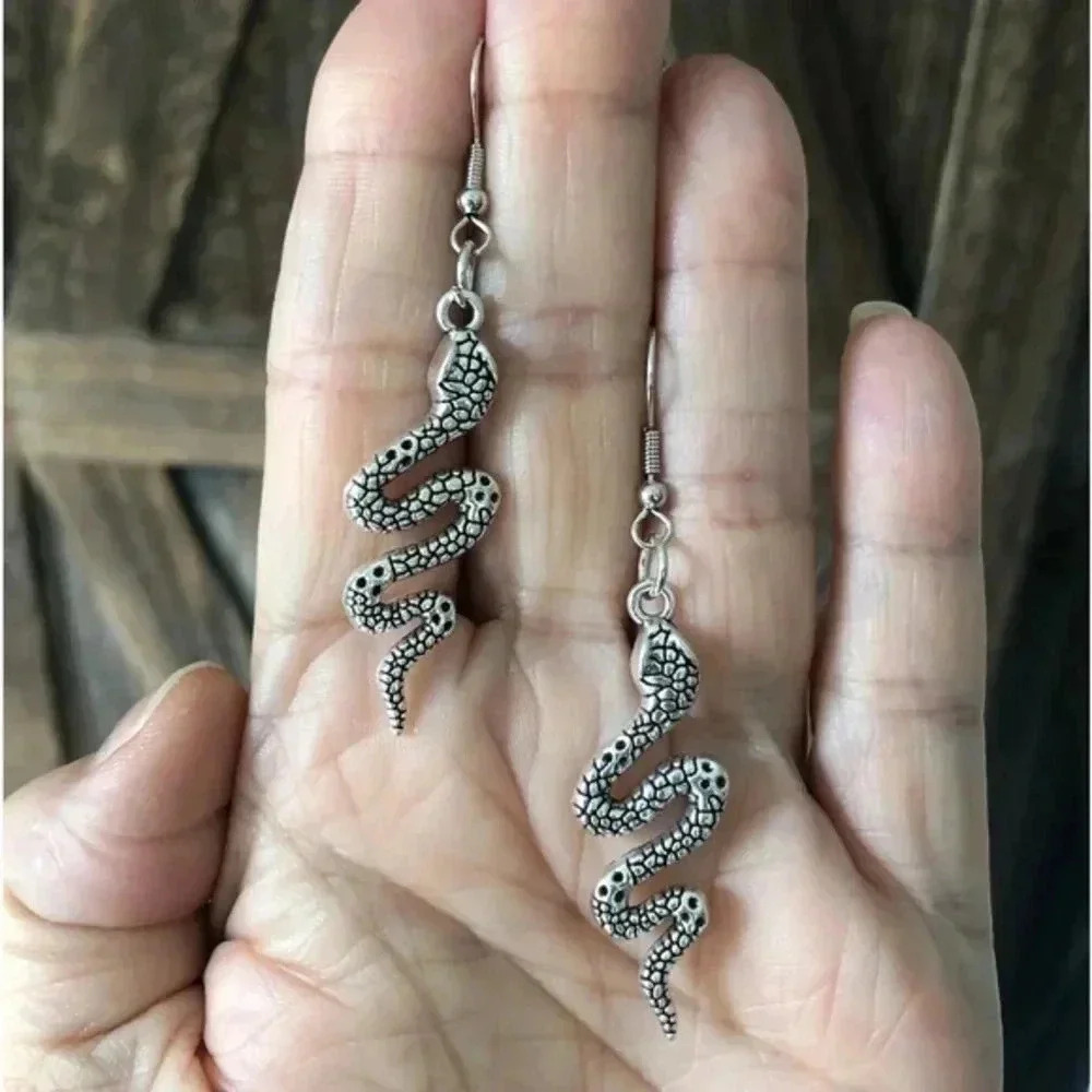 Silver Snake Serpent Goth Roman Vampire Alt Glam Drop Earrings NWT
